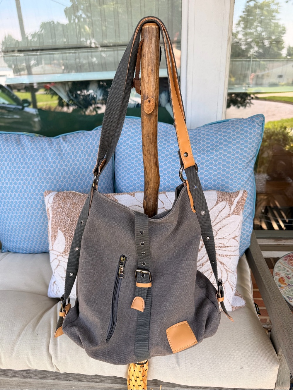 Gray Canvas Shoulder Bag with Tan faux Leather Trim - men and women Bags